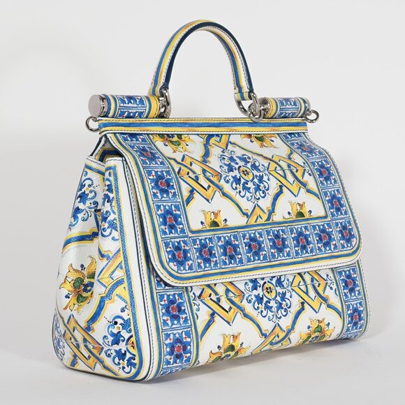 Dolce & Gabbana Majolica Print Miss Sicily Medium Bag Blue White - Picture 4 of 11